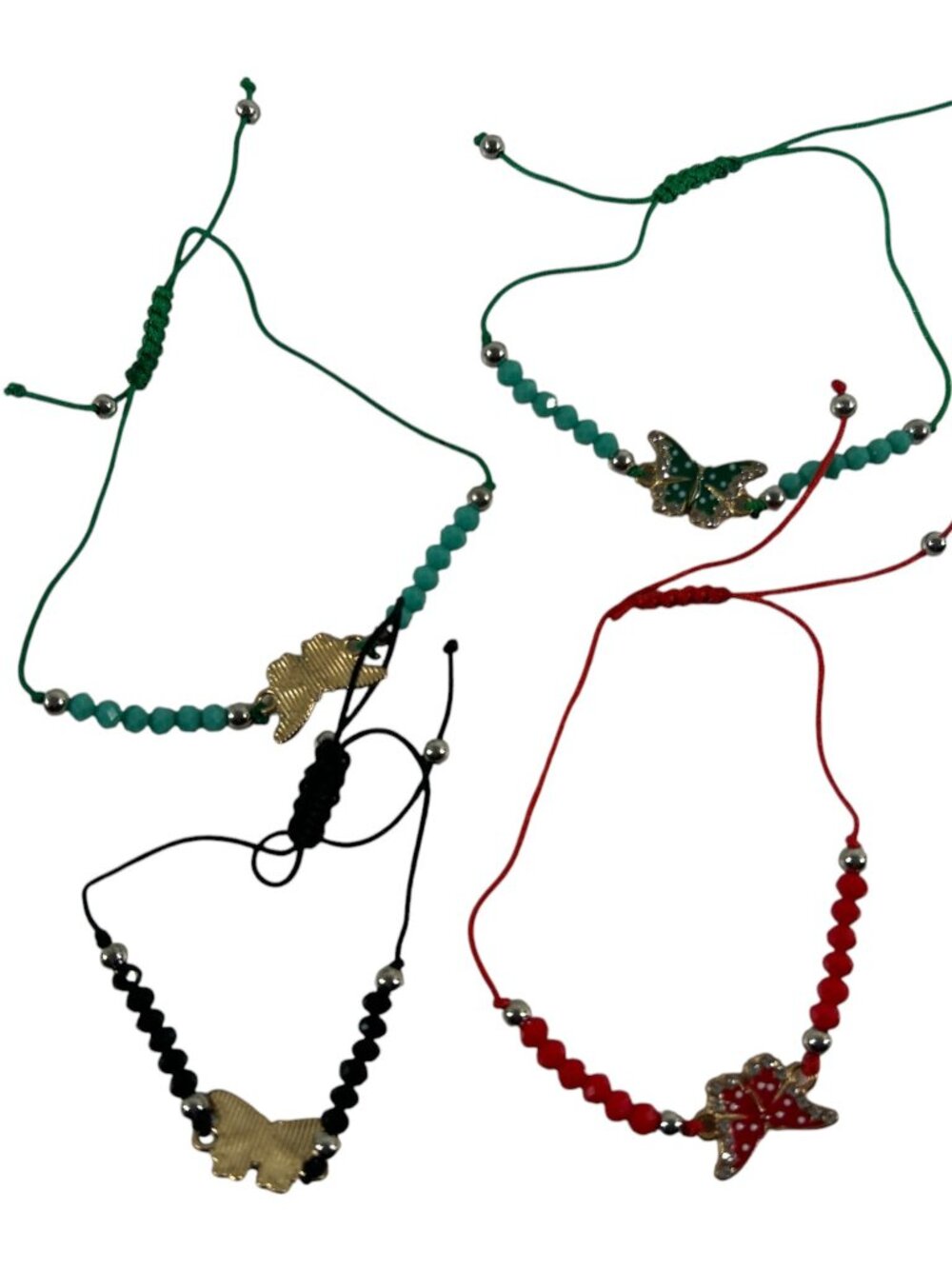 Lot 4 Beaded Macrame Butterfly Bracelets Red Green Black Friendship Adjustable